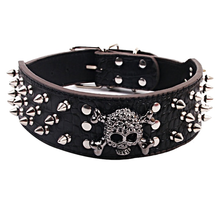 Zgarda pentru caini medii si mari, BGHYHYHI, Model tepi/craniu, Piele ecologica, 58 x 5 cm, Negru/Argintiu