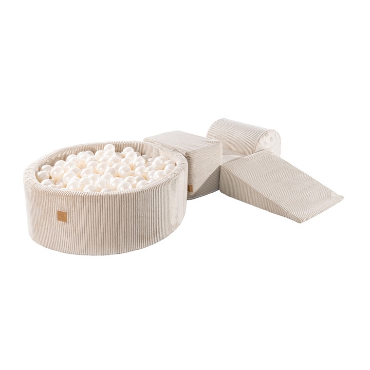 Set de joaca MeowBaby, 3 module, bej, 45x30x235cm, cu piscina cu bile, 200 bile, Alb Perlat