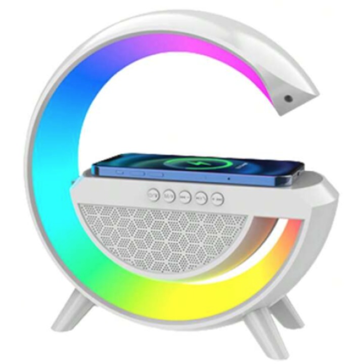 Boxa 3-in-1, incarcator telefon wireless, lampa de veghe cu LED RGB, radio, bluetooth, mufa USB, alb