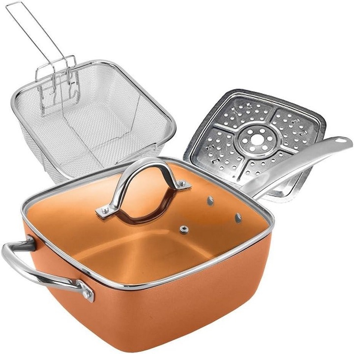 Дълбок тиган Copper Pan, Комплект от 4 части, Незалепващо Cerami Tech покритие, Индукционно дъно, 5 начина на готвене, Меден цвят