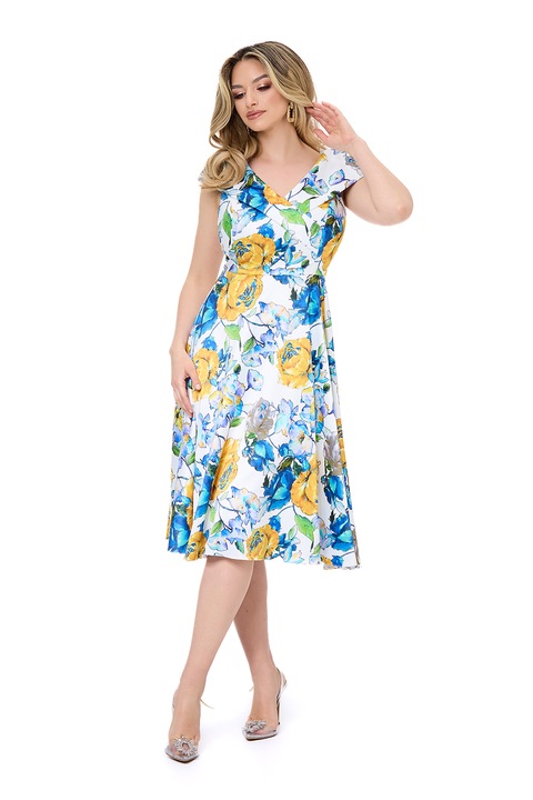 BAROCCA, Rochie midi evazata Louna, Alb/Portocaliu/Albastru