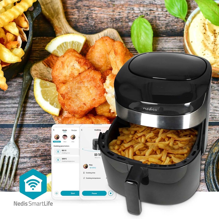 Nedis SmartLife forró levegős olajsütő Wi-Fi 7, 2 l Időzítő: 240 min programok száma: 8 Digitális Android™ / IOS Fekete Wi-Fi Smart Hot Air Fryer XXL 7, 2 literes sütőkosárral Tuya applikáció