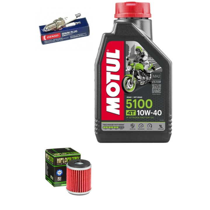 Set de service ulei Motul + filtru de ulei HIFLO-FILTRO HF141 + bujie pentru motocicleta Yamaha YZF R125