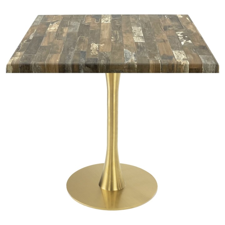 Masa patrata pentru restaurant/cafenea Raki Maracaibo, 80x80xh74cm, blat werzalit si picior metalic auriu cu baza rotunda 45cm