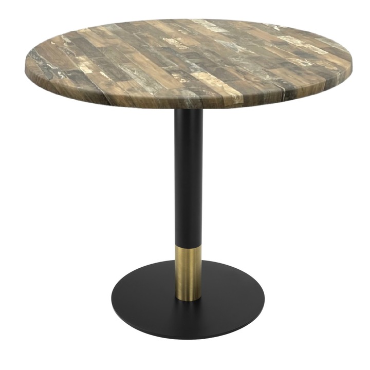Masa rotunda cafenea Raki Maracaibo, D80xh74cm, blat werzalit si picior metalic cu baza rotunda negru/auriu