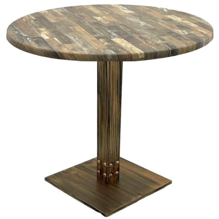 Masa rotunda cafenea Raki Maracaibo, D80xh74cm, blat werzalit si picior metalic cu baza patrata aspect vintage bronz antichizat
