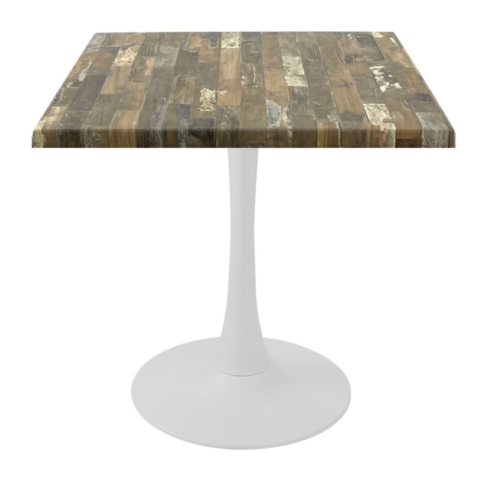 Masa patrata pentru terasa/restaurant Raki Maracaibo, 70x70xh74cm, blat werzalit si picior central metalic alb cu baza rotunda 50cm