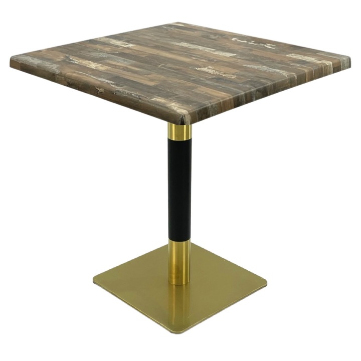 Masa patrata pentru restaurant/cafenea Raki Maracaibo, 80x80xh74cm, blat werzalit si picior metalic cu baza patrata auriu/negru