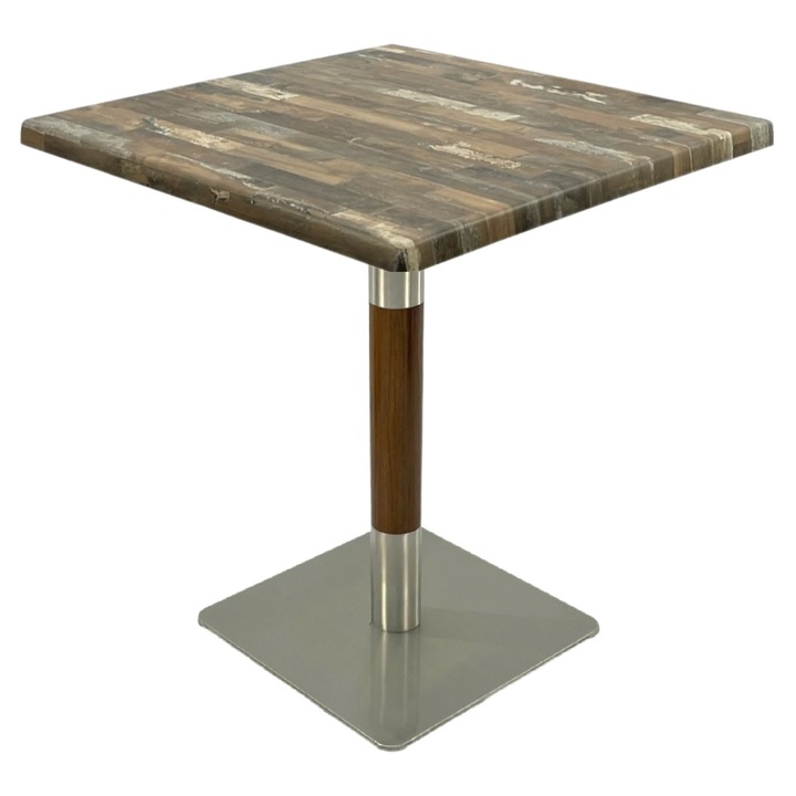 Masa patrata pentru restaurant/cafenea Raki Maracaibo, 80x80xh74cm, blat werzalit si picior metalic cu baza patrata argintiu cu accente aspect lemn