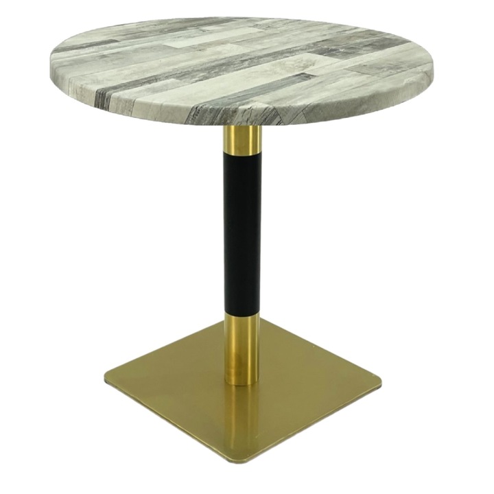 Masa rotunda bistro Raki White Block, D60xh74cm, blat werzalit si picior metalic cu baza patrata auriu/negru