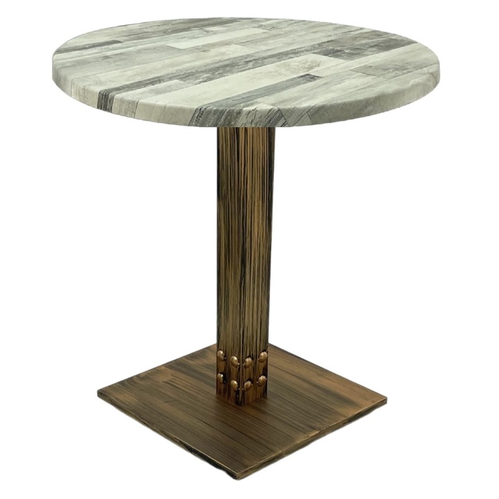 Masa rotunda bistro Raki White Block, D60xh74cm, blat werzalit si picior metalic cu baza patrata aspect vintage bronz antichizat