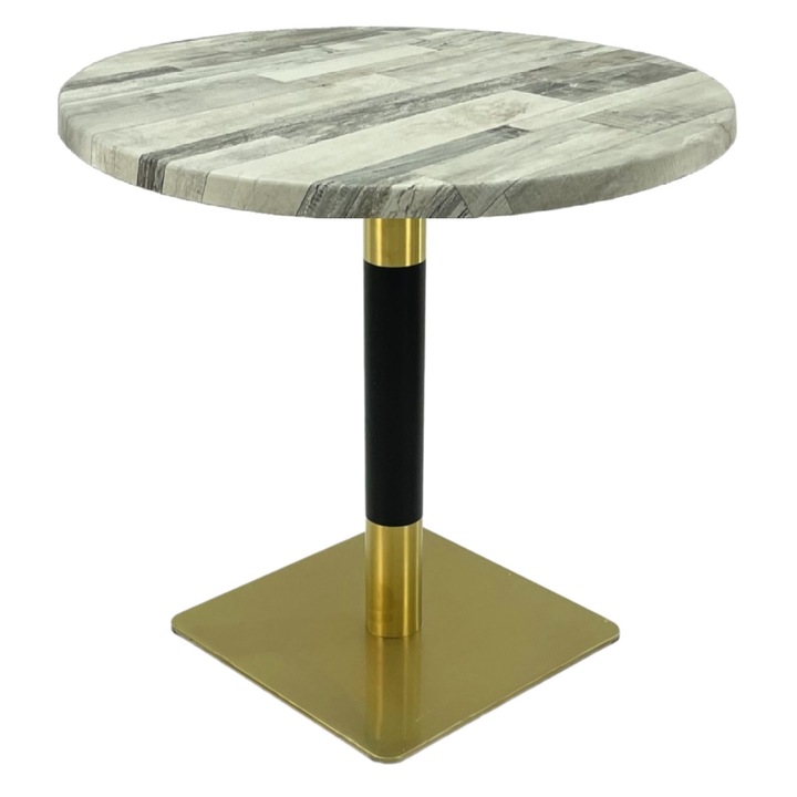 Masa rotunda cafenea Raki White Block, D70xh74cm, blat werzalit si picior metalic cu baza patrata auriu/negru