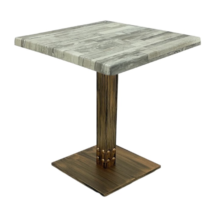 Masa patrata de restaurant/cafenea Raki White Block, 70x70xh74cm, blat werzalit si picior metalic cu baza patrata aspect vintage bronz antichizat