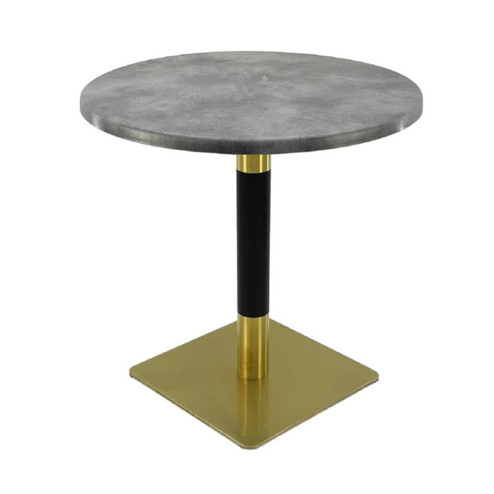 Masa rotunda bistro Raki Copperfield, D60xh74cm, interior/exterior, blat werzalit si picior metalic cu baza patrata auriu/negru