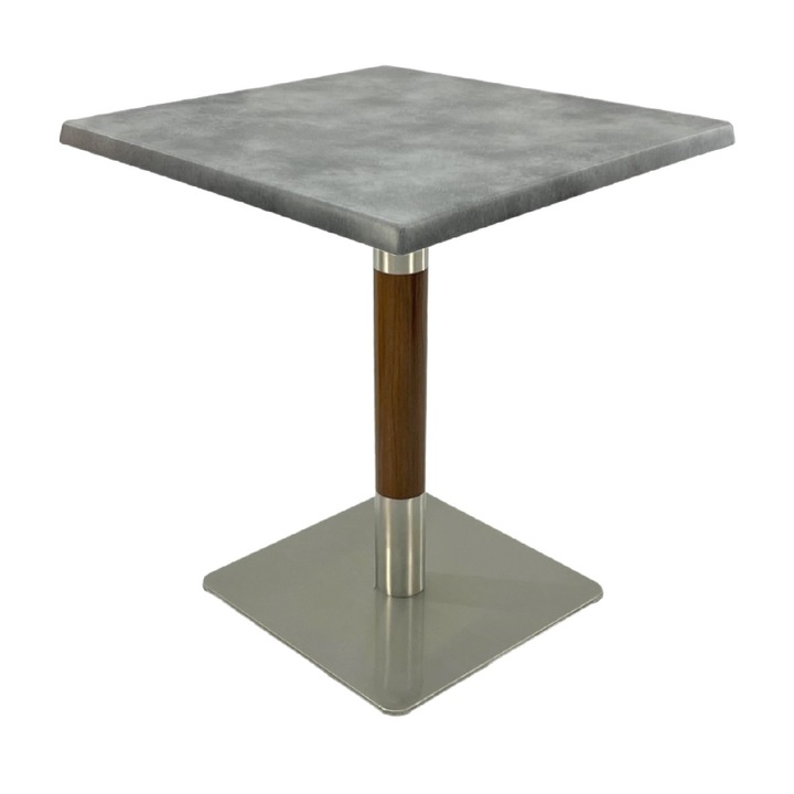 Masa patrata de cafenea Raki Copperfield, 70x70xh74cm, interior/exterior, blat werzalit si picior metalic cu baza patrata argintiu cu accente aspect lemn