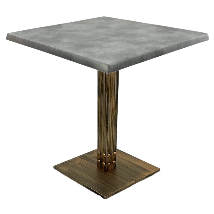 Masa patrata restaurant Raki Copperfield, 80x80xh74cm, interior/exterior, blat werzalit si picior metalic cu baza patrata aspect vintage bronz antichizat