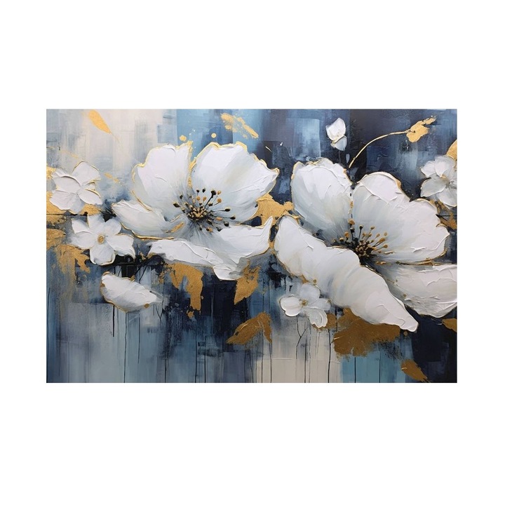 Tablou cu Flori Albe pe Fundal Albastru 90x60 cm