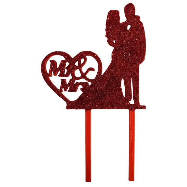 Decoratiune topper tort "Mr and Mrs, Mire si mireasa", indragostiti, tortul miresei 19 x 11 cm, Rosu cu sclipici
