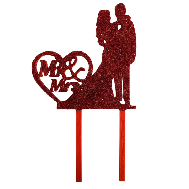 Декорация за торта "Г-н и г-жа, булка и младоженец", влюбени, булчинска торта 19 х 11 см, Червена с блясък