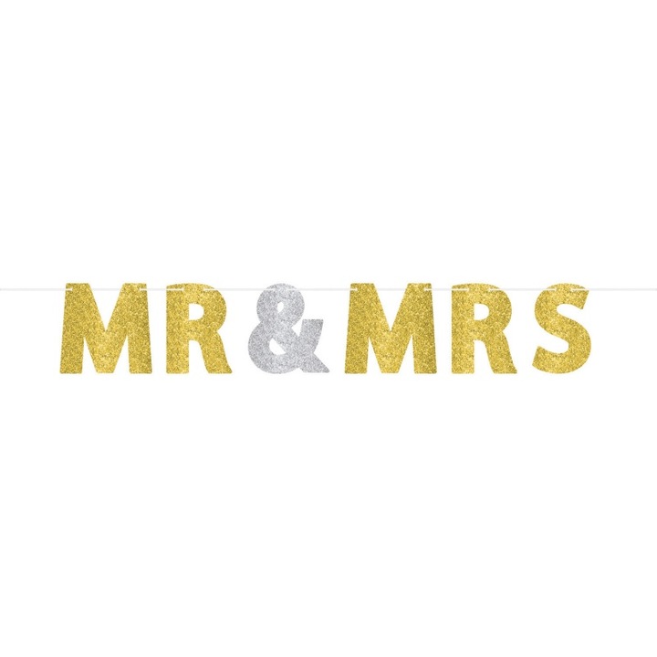 Банер с блестящи букви за сватба - Mr. & Miss., 18 см x 3,65 м