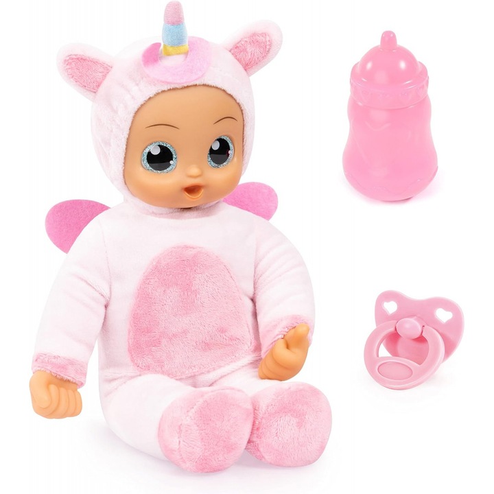 Papusa bebelus interactiv cu corp moale Bayer Rosa Unicorn 30 cm cu biberon si suzeta, plange/rade/gangureste, hainute din catifea moale, aripioare colorate