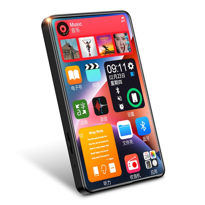 MP3 lejátszó, 4 hüvelykes érintőképernyő, 64 GB memória, gyors töltés, 1080P videolejátszás, Bluetooth, WALALLA, Fekete