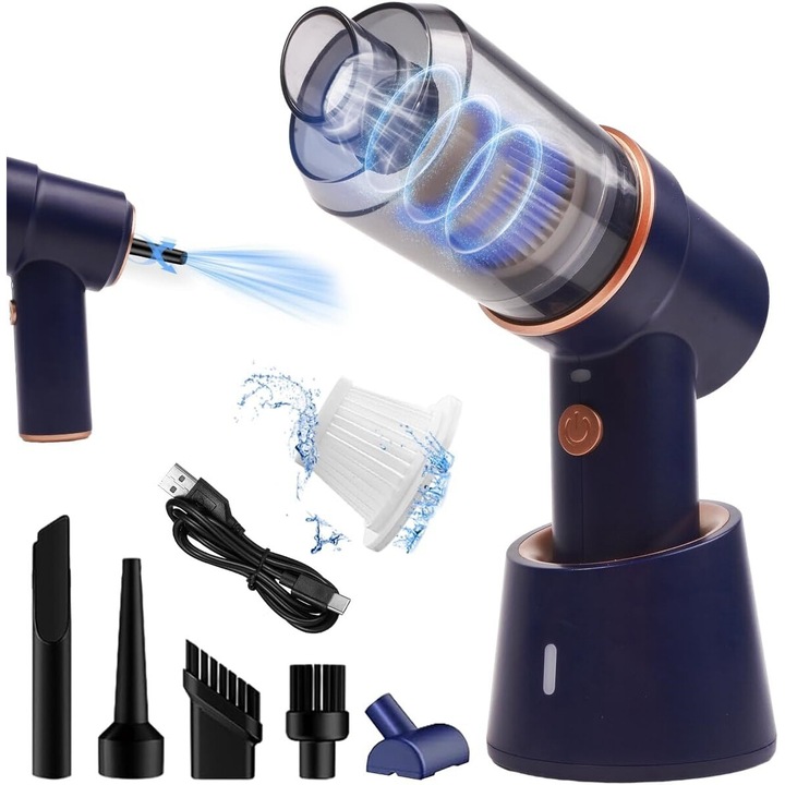 Aspirator auto portabil fara fir, aspirator de mana, aspirator fara fir, 120W reincarcabil, cu lumina LED, statie de incarcare, 5 capete de perie pentru acasa, birou si masina