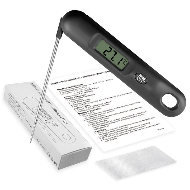 Termometru de bucatarie digital, pliabil, masurare rapida, afisaj electronic, negru, 155x44mm