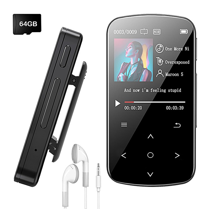 MP3 lejátszó, Bluetooth 5.2, színes képernyő érzékeny érintőgomb, 64 GB memória, sport klip, lépésszámláló, WALALLA, fekete