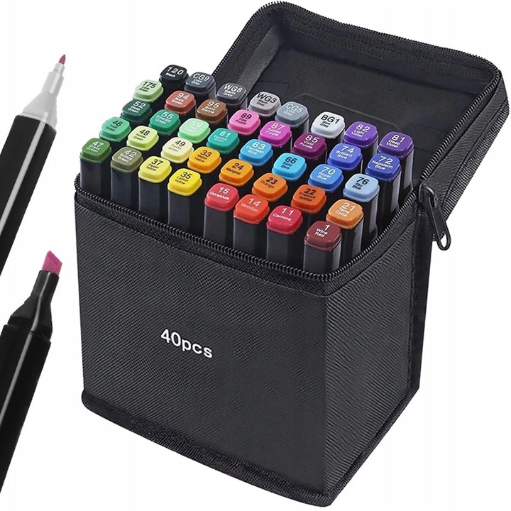 Set 40 markere colorate,2 varfuri grosimi diferite, geanta depozitare Multicolor