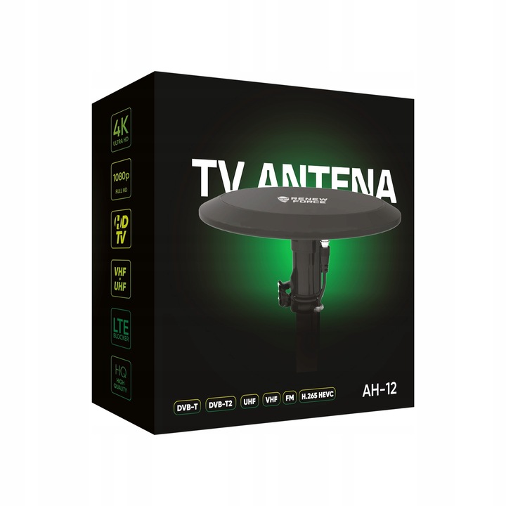 Antena TV, Renew Force, AH-12, Full HD 4K, rezistenta la intemperii, 100km, 25cm