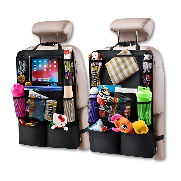 Organizator Depozitare Auto Desigtech by ONSG® Pentru Scaun, Panza Oxford Impermeabila, Suport Tableta 10", Multiple Buzunare Mari, Fixare Sigura Cu Bretele Ajustabile, Eco-Friendly, Protectie Anti-Lovitura, Incarcare Simultana Dispozitive