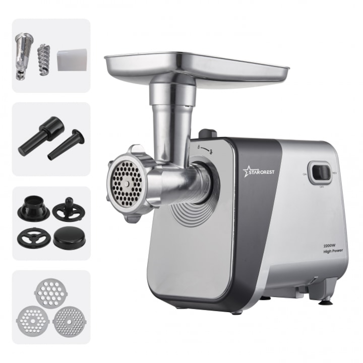 Месомелачка STARCREST SMG-2250S, 2200 W, Аксесоар за домати и колбаси, 3 режещи сита, Нож от неръждаема стомана, Сив