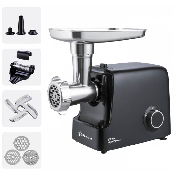 Месомелачка STARCREST SMG-2000BK, 2000 W, Аксесоар за домати и колбаси, 3 режещи сита, Нож от неръждаема стомана, Черен