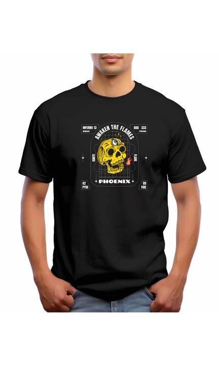 Bestcase Férfi mintás póló, Phoenix, pamut, kerek nyakú, NB571, Fekete