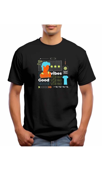 Bestcase Férfi mintás póló, Good Vibes, pamut, kerek nyakú, NB568, Fekete