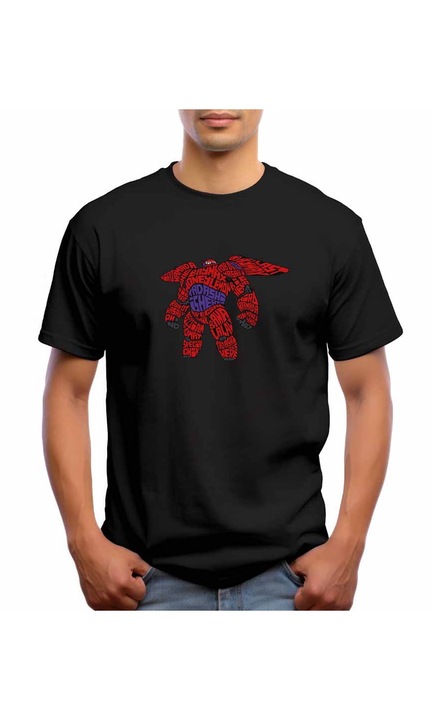 Bestcase Férfi mintás póló, Baymax, pamut, kerek nyakú, NB587, Fekete