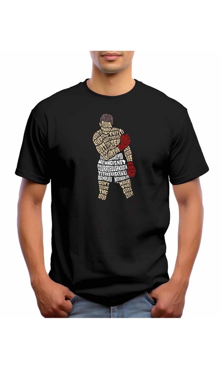 Bestcase Férfi mintás póló, The Champ Muhammad Ali, pamut, kerek nyakú, NB625, Fekete