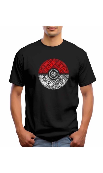 Bestcase® Tricou barbati cu Imprimeu Pokebola, Din bumbac, Regular fit, Maneca scurta, NB647, Negru, L