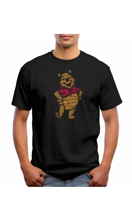 Bestcase Férfi mintás póló, pooh, pamut, kerek nyakú, NB648, Fekete