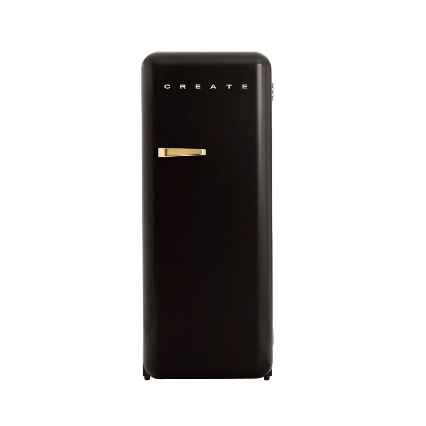 Frigider Retro CREATE, capacitate 281 litri, H 150 cm, congelator 21 litri, temperatura reglabila, 3 rafturi din sticla, 1 raft otel pentru sticle, 4 compartimente pe usa, compartiment fructe/legume, iluminare interioara, maner gold, negru