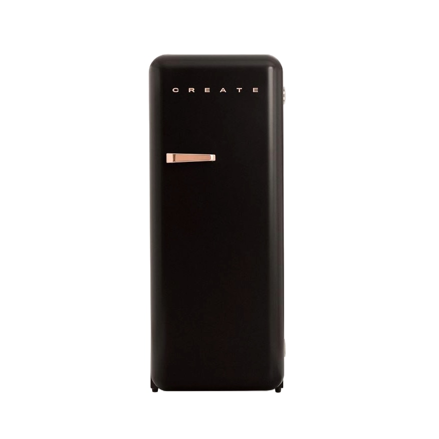 Frigider Retro CREATE, capacitate 281 litri, H 150 cm, congelator 21 litri, temperatura reglabila, 3 rafturi din sticla, 1 raft otel pentru sticle, 4 compartimente pe usa, compartiment fructe/legume, iluminare interioara, maner rose gold, negru