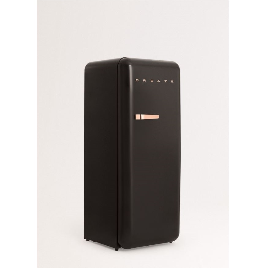 Frigider Retro CREATE, capacitate 281 litri, H 150 cm, congelator 21 litri, temperatura reglabila, 3 rafturi din sticla, 1 raft otel pentru sticle, 4 compartimente pe usa, compartiment fructe/legume, iluminare interioara, maner rose gold, negru