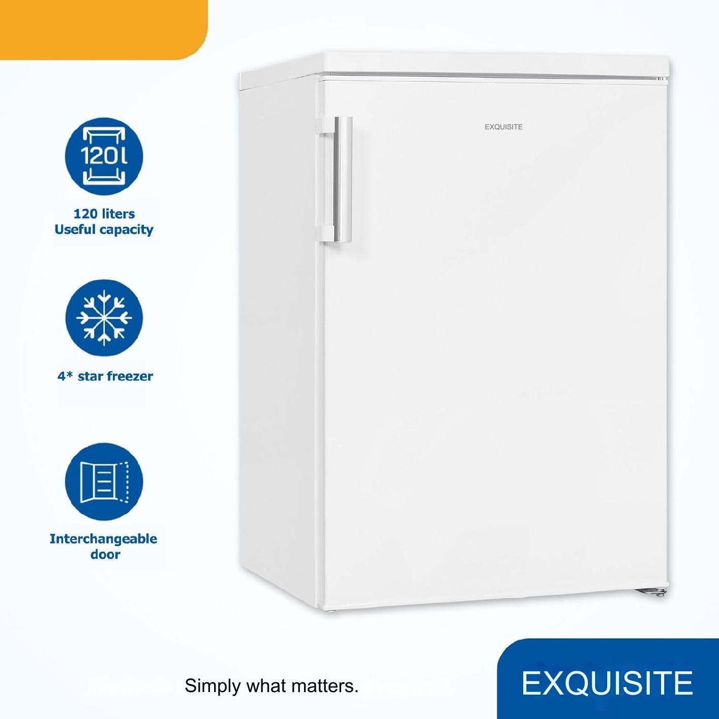 Frigider minibar Exquisit, H 85 cm, capacitate 133 litri, ideal pentru birou/hotel/rulota, usa reversibila, iluminare LED, termostat reglabil, design compact, alb