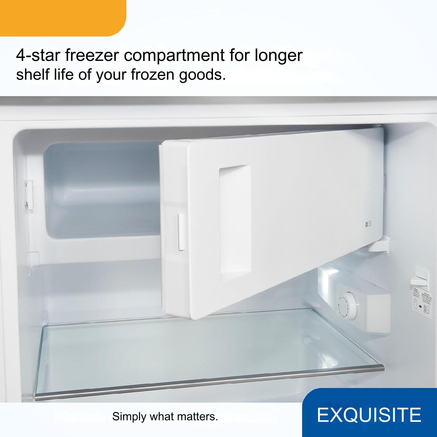 Frigider minibar Exquisit, H 85 cm, capacitate 133 litri, ideal pentru birou/hotel/rulota, usa reversibila, iluminare LED, termostat reglabil, design compact, alb