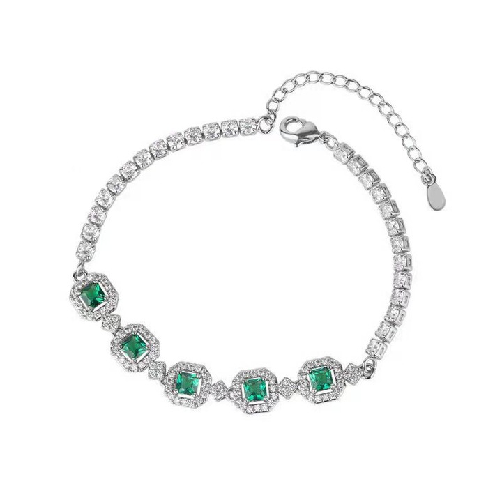 Bratara dama, piatra semipretioasa verde, zircon, argintiu