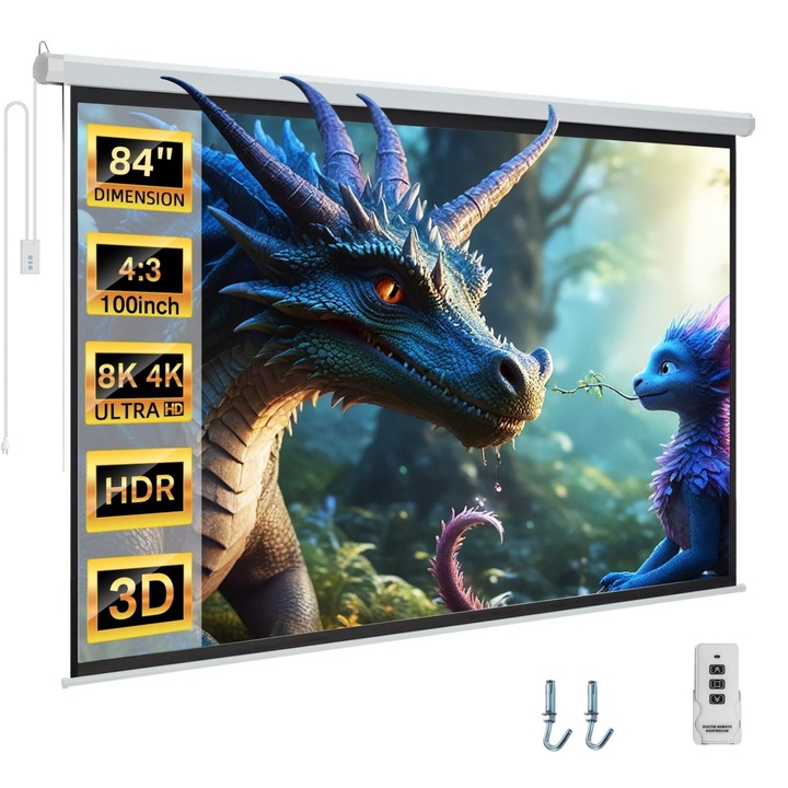 Електрически HD прожекционен екран, MOSMAOO®, LHS268, 84 инча за дома, училище, срещи, 4:3, поддръжка на 1080P/3D, 4K Cinema Level, 170 x 129 cm, бяло / черно