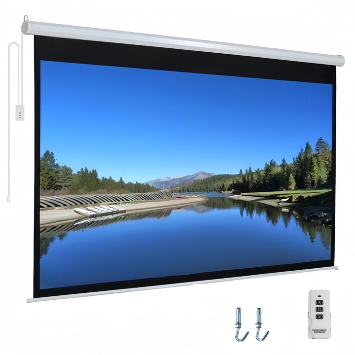 Електрически HD прожекционен екран, MOSMAOO®, LHS269, 84 инча, 16:9, Поддържа 1080P/3D, За дома, училище, срещи, Кино Ниво 4K, 186 x 135 cm, Бяло / Черно