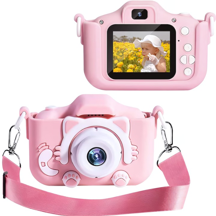 Aparat foto-video digital JOZY® pentru copii, display 2’’, usor de utilizat, portabil, interfata simplificata, roz