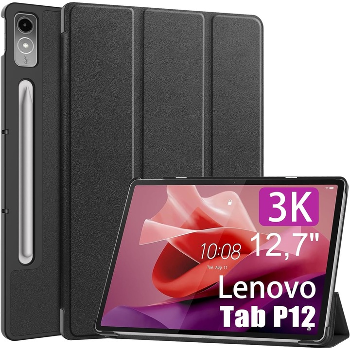 Husa pentru tableta Lenovo Tab P12 (TB370FU) 12.7 inch, 2023, cu functie sleep/wake-up, ultralight de tip stand, Sigloo, model Black